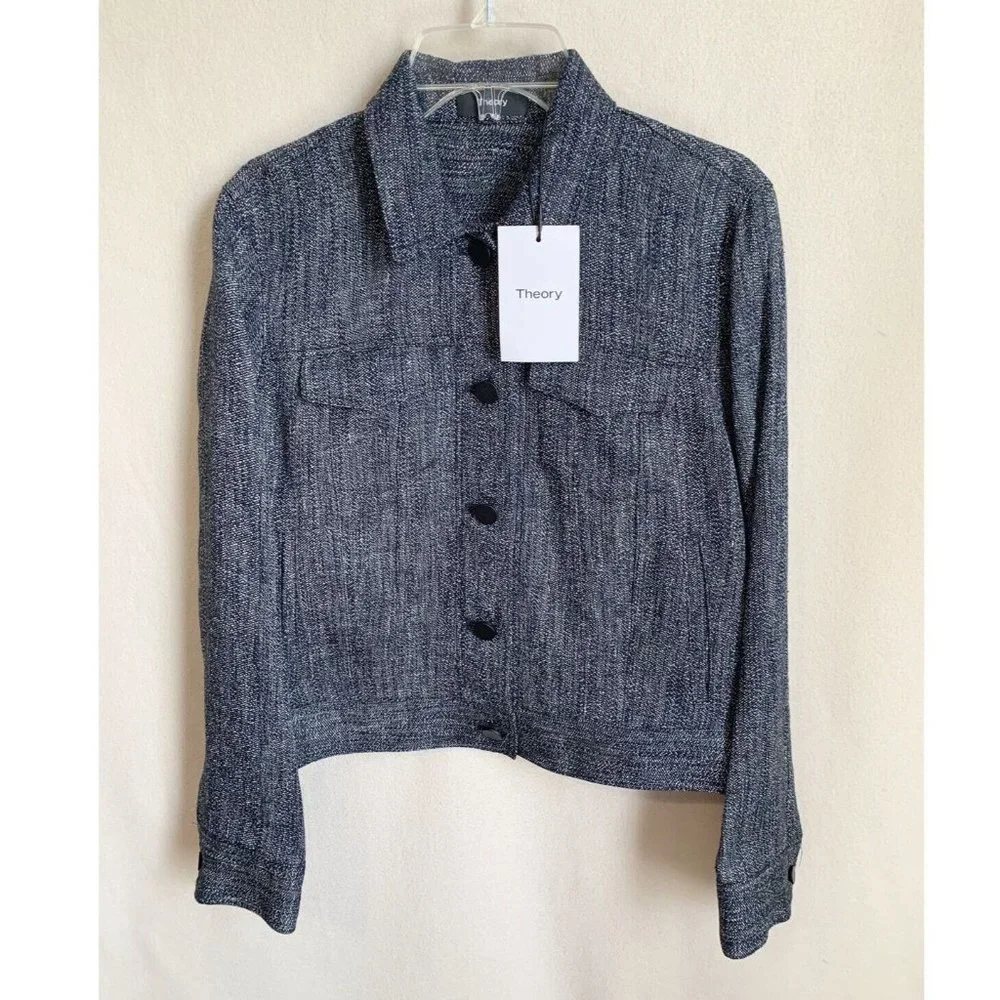 Theory Navy Multi Herring Mélange Jacket XS Trucker Button Down Pockets Lightwei
